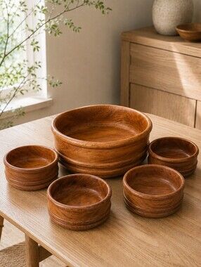 Vintage Genuine Teak Wood Salad Bowl Set 5pc Made in Thailand